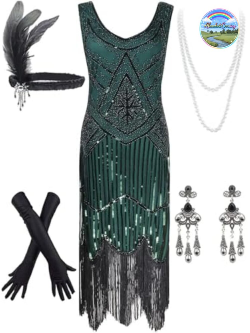 1920s Sequin Beaded Flapper Dress with Accessories Set